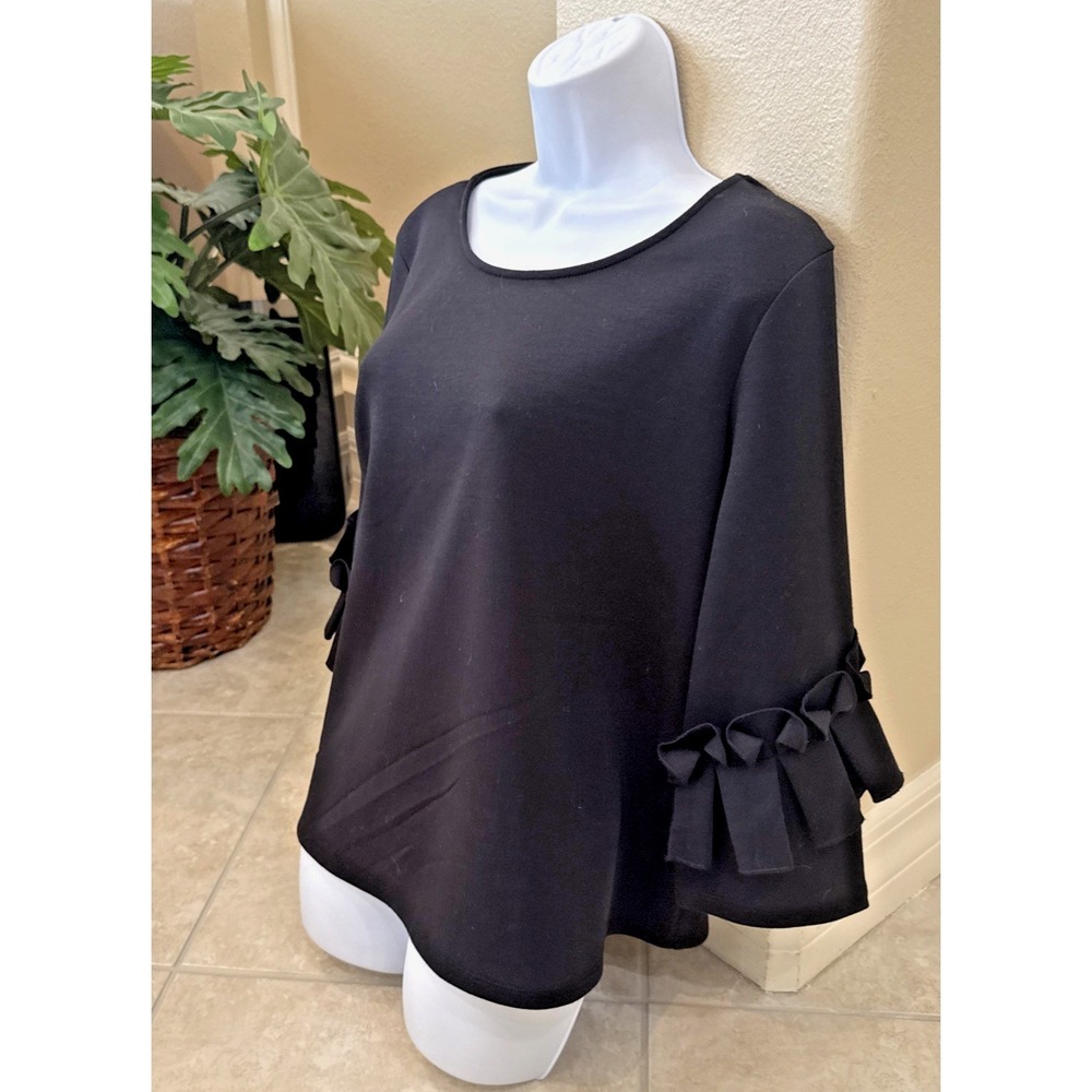 Halogen Black Ruffle 3/4 Sleeve Blouse‎ Sz M Career Preppy Going Out Boxy Top - Picture 2 of 7